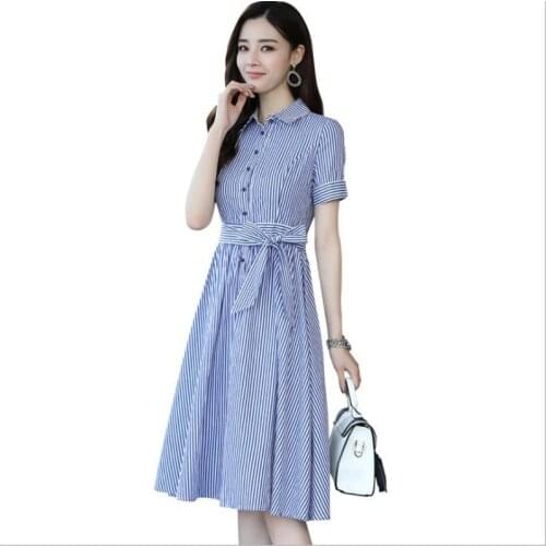 Office Lady Summer Elegant Women A-Line Dress 2019 Knee-Length Turn-Down Collar Women Dress Fashion Striped Slim With SashesQ278