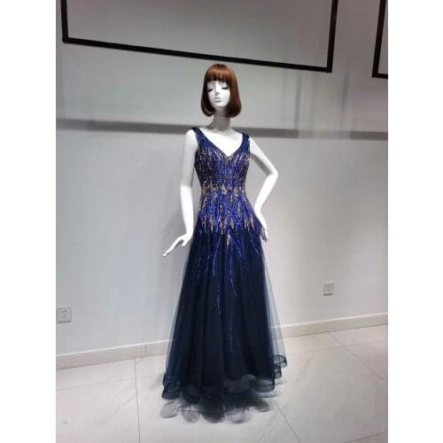 Navy Blue V-Neck A-Line Sleeveless Fashion Ladies With Diamond Evening Party Dark Gown For Women Wedding Party Graduation