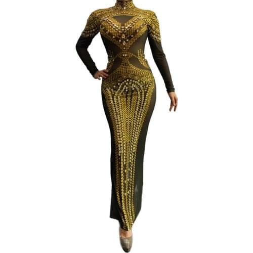 Gold Rhinestone Party Long Dress Women Sexy Stretch Mesh Perspective Evening Crystal Dress Stage Singer Prom Bodycon Dresses
