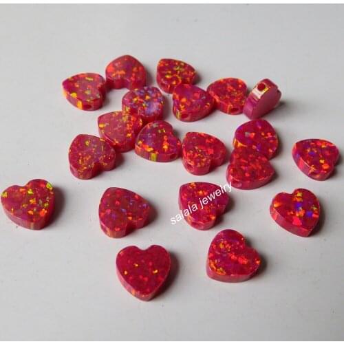 100pcs /lot 8mm Double Flat Heart Opal OP45 Heart Fire Opal Synthetic full Drilled Red Heart Cabochon Opal for DIY Necklace