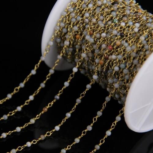 5meter/lot,2mm Small Size Amazonite Round beads Rosary Chain,Natural Amazon Stone Brass Wire Wrapped Chain DIY Necklace Crafts