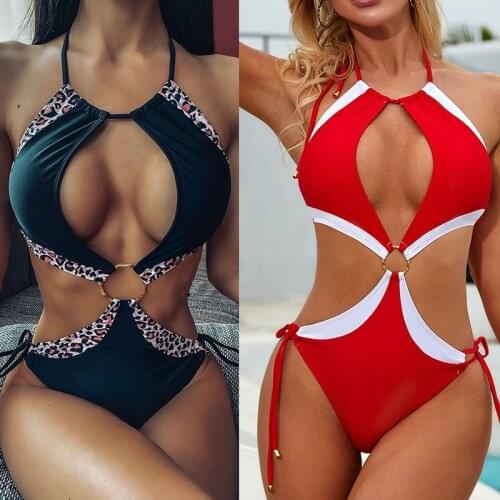 Patchwork Hollow Lace Up Bikini Leopard Sexy Push One Piece Swimwear Low Waist Monokini Textured Brazilian Beachwear Swimsuits