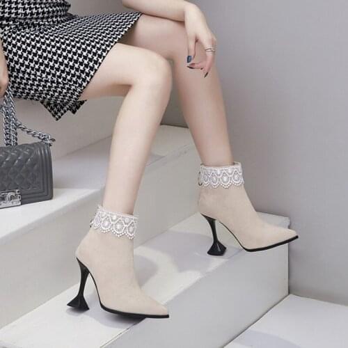 Sexy Chic Wine Glass Shape High Heels Stiletto Boots Woman Faux Suede Leather Lace Flower Boot Female Party Wedding Office Shoes