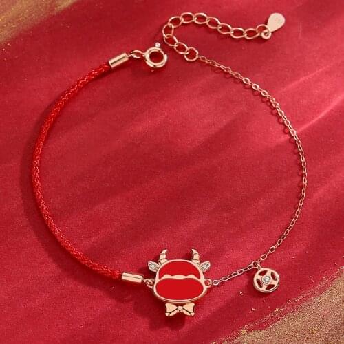 Original s925 sterling cute cow temperature-sensitive color-changing bracelet guochao palace zodiac red rope hand rope