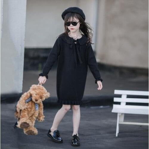 Girls Black Dress Autumn Winter Teen Girls Bow Knitted Long Sleeve Princess Dresses Fashion Children Dress Elegant Kids Dress