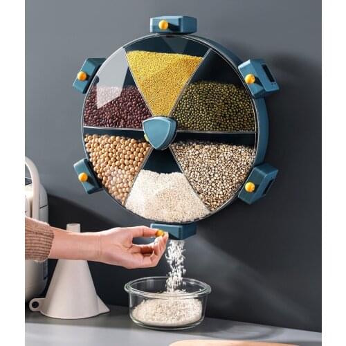 Dry food dispenser, wall-mounted rotatable grain dispenser, space-saving plastic storage rice cracker container