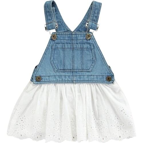 Baby Girls Denim Suspender Dress, Floral Hollow Out Sleeveless Square Collar Sundress 1-5T