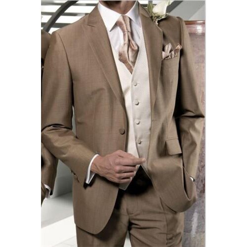 Hot Sale One Button Brown Groom Tuxedos Peak Lapel Groomsmen Mens Wedding Prom Suits (Jacket+Pants+Vest+Tie) NO:118