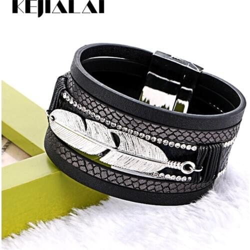 Kejialai 2018 New Fashion Jewelry Women Men Feather Pattern Leather Wrap Bracelets Wide Magnetic Buckle Bracelet Bangles KJL0015