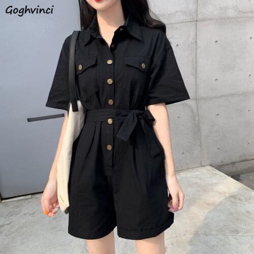 Rompers Women Solid Turn-down Collar Casual Summer Short Sleeve Trousers Womens Chic Street-wear Defined Waist Slim Baggy Trendy