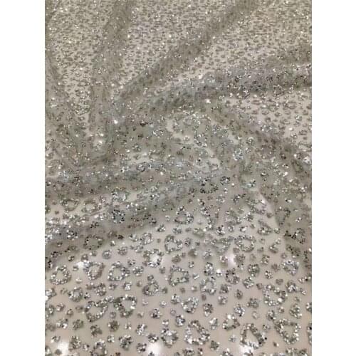 Good looking popular JRB-191132 african sequins tulle mesh fabric shinning glued glitter sequins lace fabric in silver color