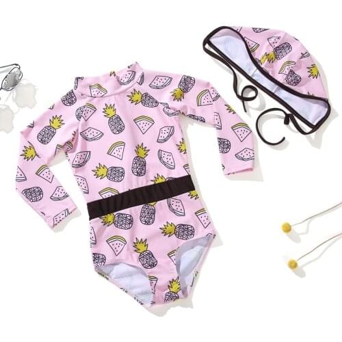 Children Girl Swimwear Bikini Long Sleeve Bodysuit+Cap 2Pcs Bathing Swimming Swimsuit Lovely Princess Kid Girl Clothes Swinsuits