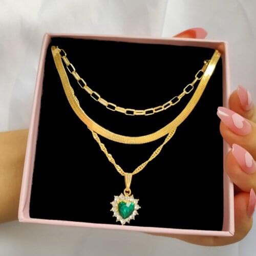 Multilayer Punk Heart Gold Color Snake Chain Necklaces For Women Shiny Rhinestone Love Heart Necklaces New Fashion Jewelry Gifts