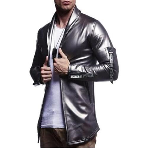 Mens Elastic PU Leather Zipper Motorcycle Bright Leather Jacket Casual Slim V Collar Spring Mens Fashion Leather Coat