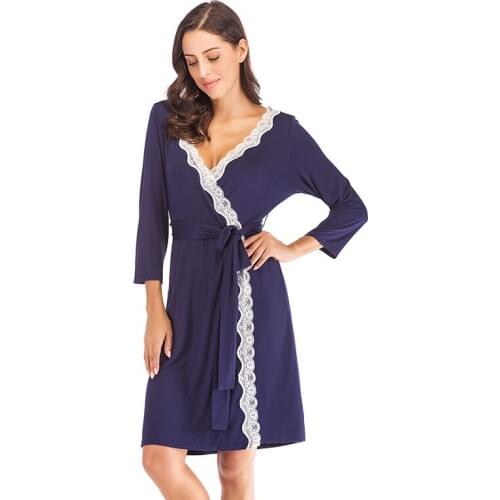 Women Nightdress Modal Lace Robe Sexy Sleepwear Lingerie Night Mini Solid Dress V Neck Nightgown Gown Nuisette Nighty Robe