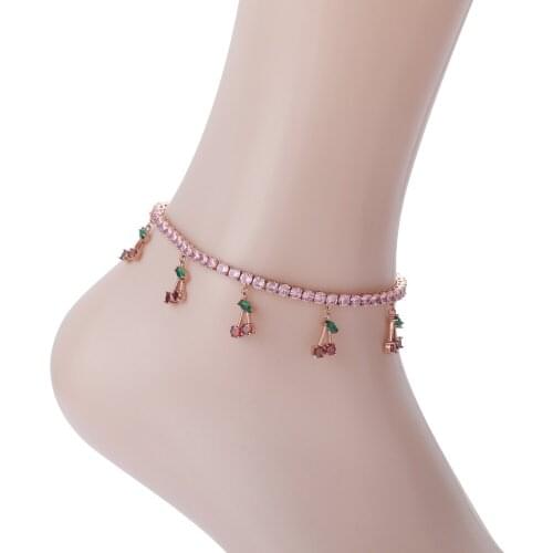 Anklets Women 4MM CZ Tennis Chain With 5 Cherry Pendant Summer Beach Foot Jewelry A001