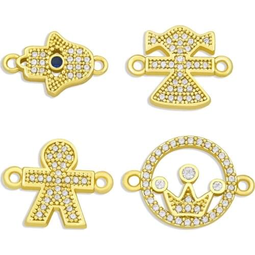 OCESRIO 18K Gold Plated Brass CZ Friendship Boy and Girl Charms for Bracelets Fatima Hand Connector Charms Double Hole chma042