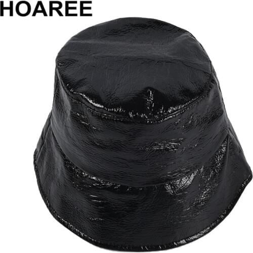 HOAREE Leather Bucket Hat Women Black Pu Female Harajuku Hat Autumn Winter Ladies Brand Solid Casual Fisherman Hat