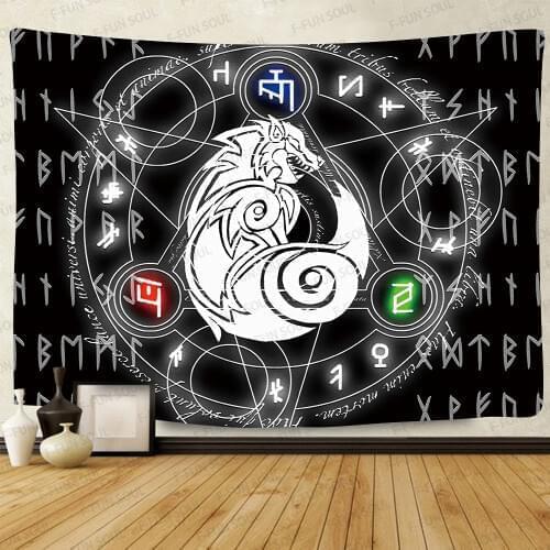 Simsant Viking White Wolf Tapestry Ancient Symbol Meditation Runes Art Wall Hanging Tapestries for Living Room Home Dorm Decor