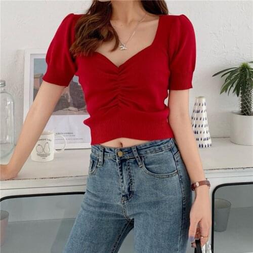 Attractive Women Stretch Slim Thin Knitted Puff Sleeve T-Shirts Trend Summer Plain Shirring Short Sleeve Brief Top