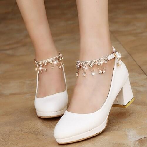 White Women Wedding Shoes Crystal Preal Ankle Strap Bridal Shoes Woman Dress Shoes Seay Pumps Sweet Party Shoes