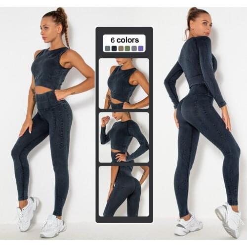 Seamless Women Yoga Sport Suit 2 PCS Workout Outfit Gym Set Long Sleeve Crop Top Bra High Waist Leggings Female Fitness Clothes