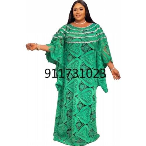 African Lace Maxi Dress Women Robes 3/4 Sleeve Loose Boubou Fashion Solid Hollow Out Streetwear African Traditional Dresses Gown