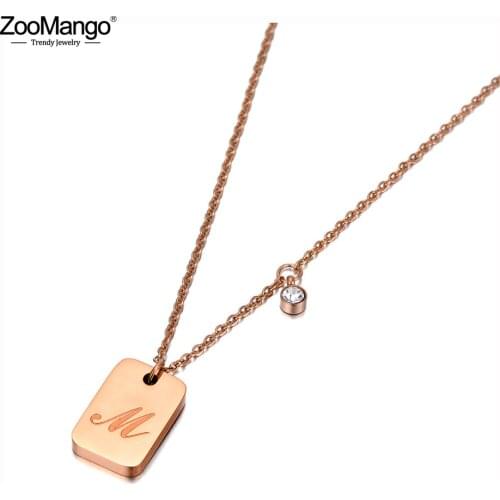 ZooMango Stainless Steel Square Tag Charm Necklaces Jewelry Trendy Letter M CZ Pendant For Women Цепочка На Шею Женская ZN20036