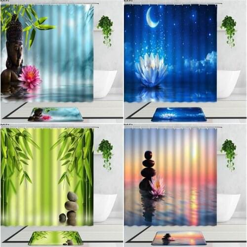 2Pcs Zen Lotus Buddha Shower Curtains Green Bamboo Creek Stone Meditation Garden Waterproof Bathroom Curtain And Bath Mats Decor