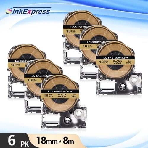 6Pcs 18mm*8m Black on Gold Label Tape SM18ZW LK-5KBP Printer Ribbon for Epson King Jim Tepra Pro Label Maker Printer LW-400 700