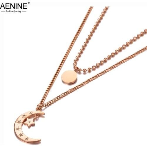 AENINE Trendy 316L Stainless Steel Double-layer Moon Star Charm Choker Necklace Bohemia CZ Pendant Necklace For Women AN20100