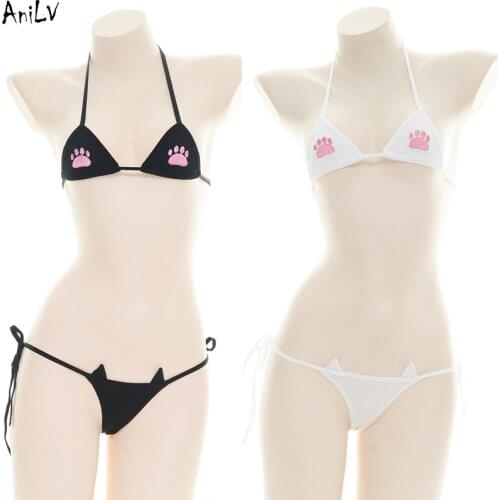 AniLV Lolita Girl Cute Cat Paw Beach Bikini Swimsuit Costume Summer Three point Swimwear Uniform Pool Party Cosplay