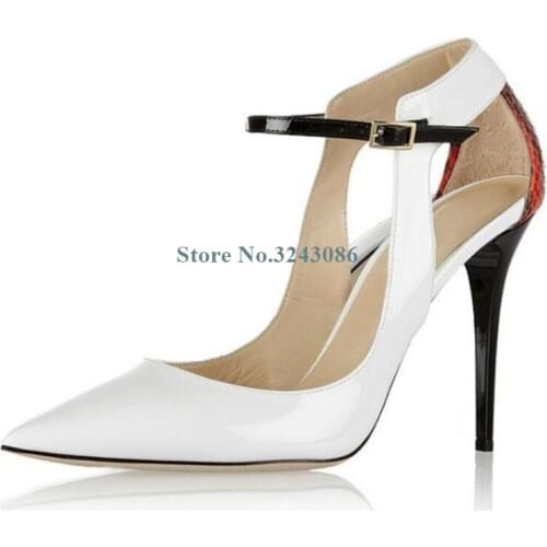 White Patent Leather And Anguine Grain Patchwork Pumps Pointed Toe Buckle Strap Thin High Heel Pumps Summer Ladies Dress Shoes