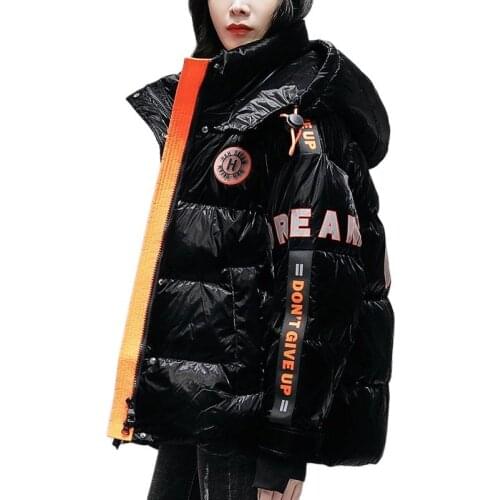 Glossy Letter Printing Short Womens Jackets Winter Clothes 2021 Plus Size Loose Hooded Jacket Women Fashion Casual Female Coat