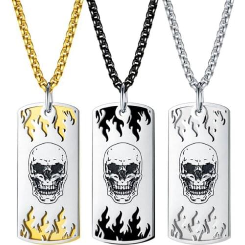Stainless Steel Punk Rock Skull Halloween Day Hip Hop Pendant Necklace Fashion Military Dog Tag Jewelry Gift For Him with Chain