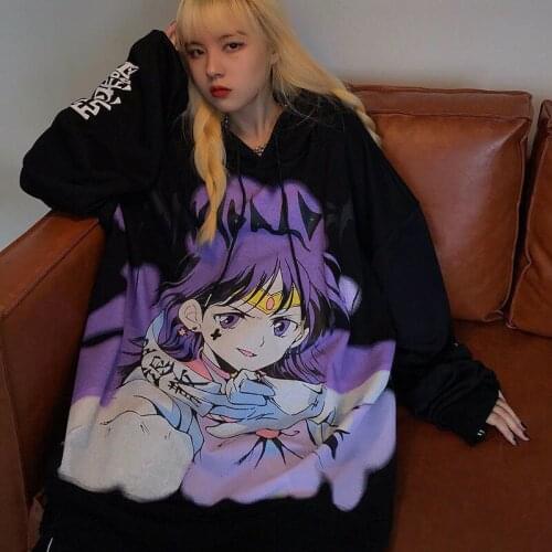 Black Autumn Hoodies Men Women Loose Hip Hop Cartoon Sweatshirts Japan High Street Kpop FemaleHarajuku Hoodie Fashion Tops