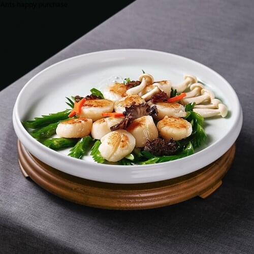 Pure White Round Ceramic Plate Home Restaurant Decoration Dinner Plate with Wooden Base Tray Dishes Dessert Plate Western Dishes