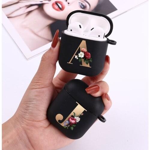 Floral Gold Initial Alphabet Letters Flower Black TPU For AirPods 1 2 Cases Earphone Accessories For Air Pods 2 Protective Case