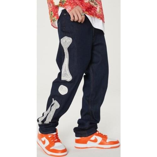 New Bone Embroidery Jeans For Men 2021 High Street Blue Jeans Homme Loose Straight Hearts Pants Moto Trouse