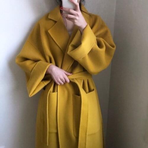 Elegant Solid Long Wool Coat Women Batwing Long Sleeve Loose Pocket Coat Split Hem Chic Stylish Jacket Winter Autumn