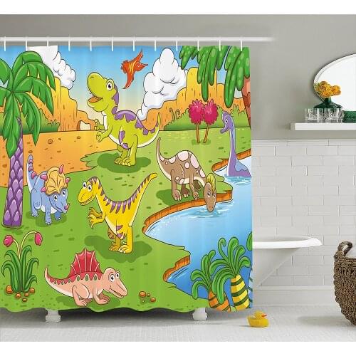 Kids Shower Curtain Cartoon Style Animals in Prehistoric Scene Meadow Trees and Flowers Print Bathroom Waterproof Curtains