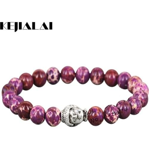 KEJIALAI 1pcs 2018 8mm Fashion Stone Beads Bracelet Silver Plated India Buddha Head Charm Bracelets For Men And Women A039