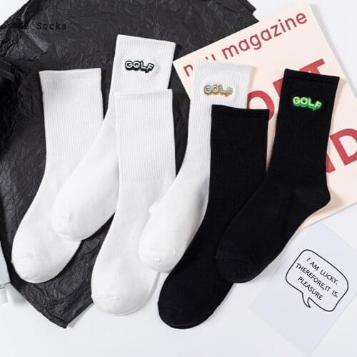 Classic Letter Golf Men and Women Socks Cotton White Black Solid color Fashion Harajuku HipHop Funny Soft Kawaii Girls Sockings