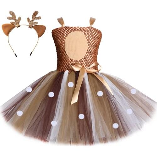 Brown Deer Girls Tutu Dress Halloween Christmas Deer Costume Kids Tutu Dresses for Girls Birthday Party Dress Children Clothing