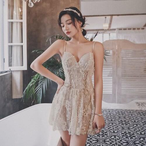 Summer Swimwear Women One Piece Beach Bathing Suit Plus Size Korean Lace Hollow Out Harness Sexy Backless Swimsuit Dress Push Up