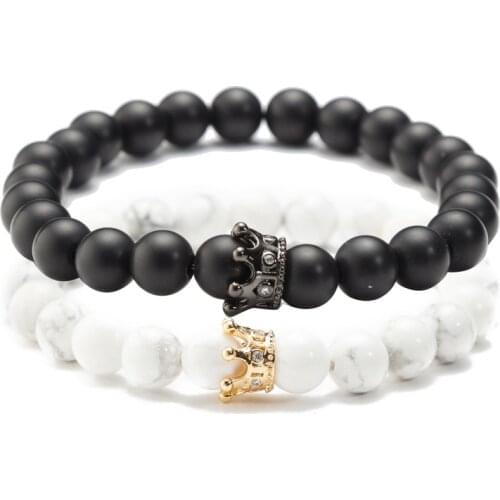 2 Pcs of trendy mens and womens crown natural stone bracelets micro-inlaid zircon accessories CZ charm bracelet jewelry gift