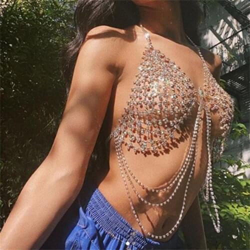 Fashion Rhinestone Multilayer Tassel Chain Bra Shiny Crystal Sexy Beach Bikini Women Hang Band Body Chain Jewelry Accessories