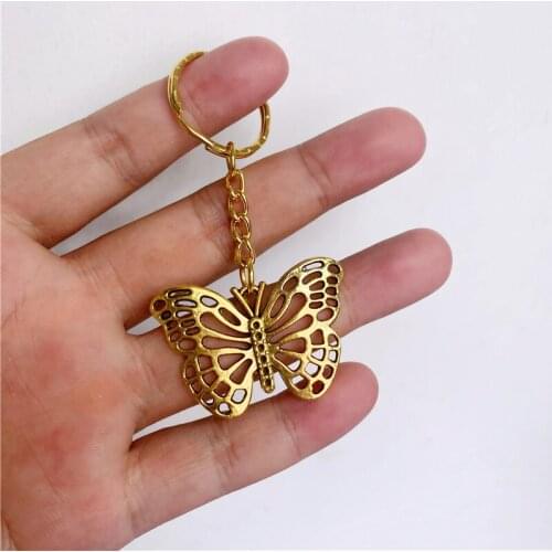 New Fashion Men 30mm Keychain DIY Metal Holder Chain Vintage Butterfly 48x38mm Antique Gold Color Plated Pendant Gift
