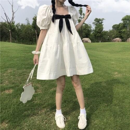 OLOMLB Kawaii Lolita Dress Japanese Sweet Puff Sleeve Bow A-line Short-sleeve Dresses Summer Cute Solid Pullover Princess Dress