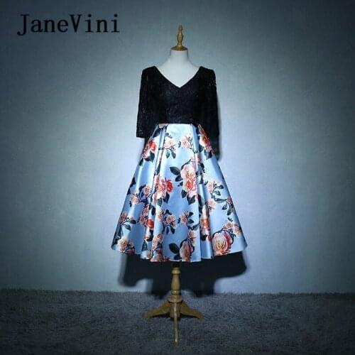 JaneVini 2018 Floral Flowers Print Bridesmaids Dresses Satin A-Line Backless Lace Half Sleeves Tea-Length Wedding Party Dresses